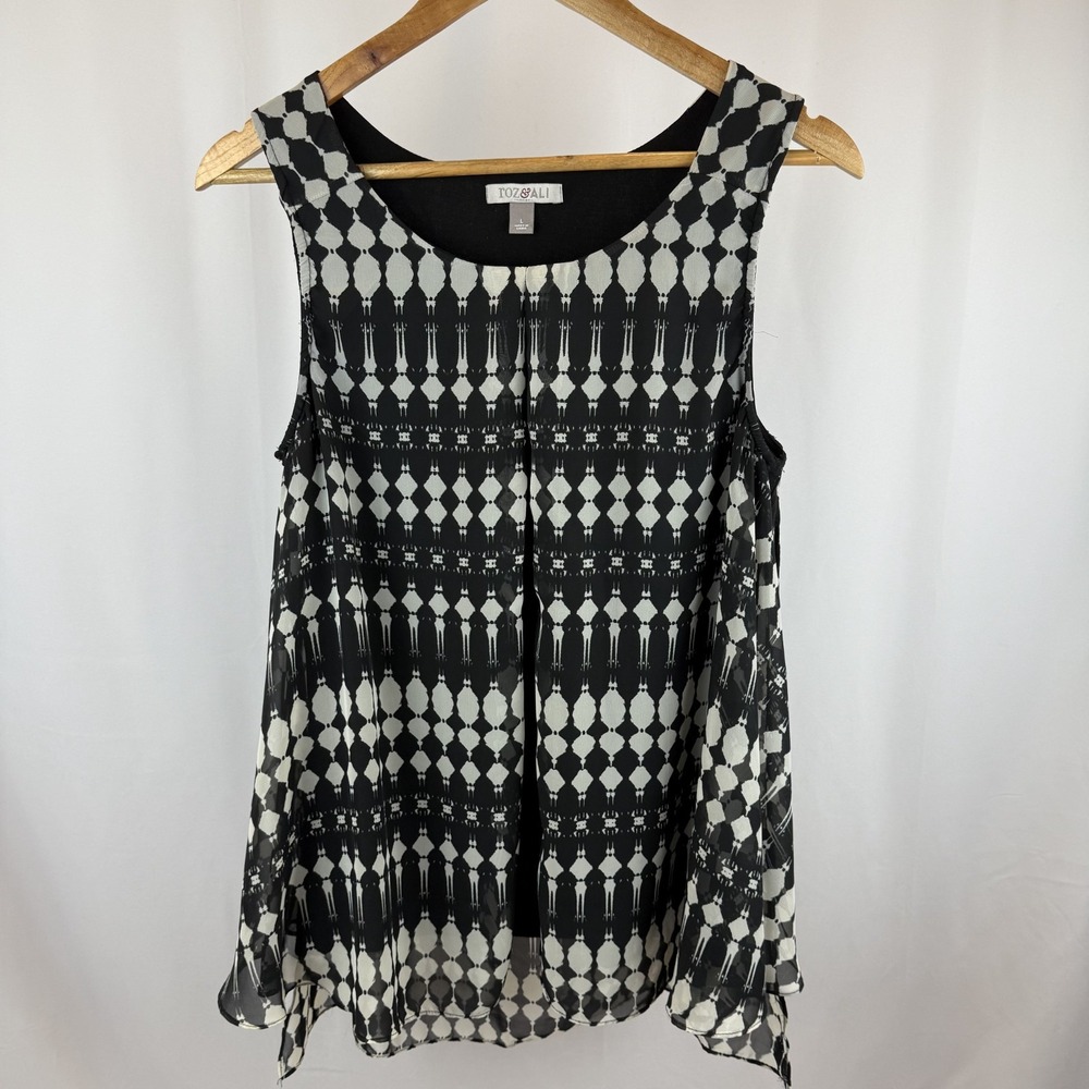 Roz & Ali Womens Large Blouse Black White Sleeveless High Back - Picture 2 of 7
